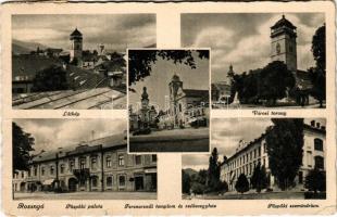 1943 Rozsnyó, Roznava; látkép, városi őrtorony magyar címerrel, püspöki palota, Ferenc-rendi templom és székesegyház, Püspöki szeminárium, automobil / general view, watchtower with Hungarian coat of arms, bishop's palace, church, cathedral, seminary, automobile (EM)