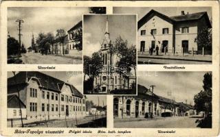 1941 Topolya, Bácstopolya, Backa Topola; utca részlet, vasútállomás, polgári iskola, római katolikus templom, "Bács-Topolya visszatért". Hajtmann István kiadása / street view, railway station, school, Catholic church, entry of the Hungarian troops (EK)