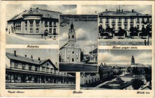 1938 Bicske, Kultúrház, Állami polgári iskola, Római katolikus templom az Országzászlóval, vasútállomás, Hősök tere (EK)