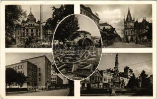1943 Kassa, Kosice; Nemzeti színház, Jakab palota, postapalota, Szentháromság szobor, irredenta virágágyás / theatre, post palace, Trinity statue