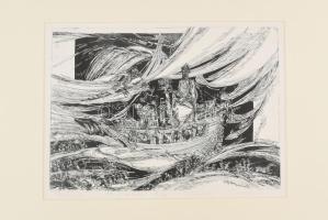 Kádas István (1941-): Noé bárkája, 1981. Litográfia, papír, jelzett, számozott (16/100), AP nyomat. Paszpartuban. 28×39,5 cm