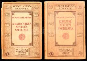 Szent István Könyvek 2 kötete: Dr. Marczell Mihály: A katholikus nevelés szelleme (23. sz.); Dr. Weszely Ödön: Korszerű nevelési problémák (45. sz.) Bp., 1925-1927, Szent István-Társulat. Kiadói papírkötés, az egyik kötet kissé foltos, a másik kissé sérült borítóval, hiányos gerinccel.