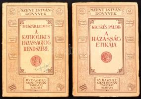 Szent István Könyvek 2 kötete: Dr. Kecskés Pál: A házasság etikája (61. sz.); Huszár Elemér: A katholikus házasságjob rendszere (62. sz.) Bp., 1928, Szent István-Társulat. Kiadói papírkötés, kissé sérült borítóval, tulajdonosi névbejegyzéssel.