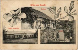 1910 Bocsár, Bocar; Gasthaus, Kastell Baron Baity, Geschäft / Vendéglő, Báró Baich kastély, Bartos Ferenc üzlete / inn, castle, shop. Floral (fl)