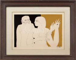 Szász Endre (1926-2003): Hölgy és férfi. Szitanyomat, papír, jelzett, számozott (14/100), üvegezett fakeretben, 20,5x29,5 cm