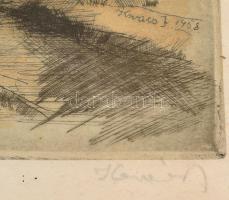 Kovács Júlia (1924-2007): Alföldi táj. Színezett rézkarc, papír, jelzett, lap széle kissé foltos. Üv...