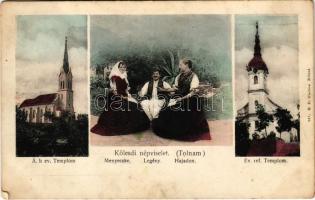 1910 Kölesd, Evangélikus templom, Református templom, Kölesdi népviselet (Tolna megye), Menyecske - legény - hajadon. K.D. 357. (fl)