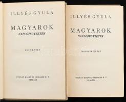 Illyés Gyula: Magyarok. Naplójegyzetek. I-II. köt. Bp., [1938], Nyugat (Hungária-ny.), 221 p., 231-468 p. Első kiadás! Kiadói egészvászon-kötés, a borítón apró foltokkal, ex libris-szel.