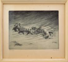 Nagy Zoltán (1916-1987): Hóviharban, rézkarc, papír, jelzett, üvegezett fakeretben, 24×36 cm