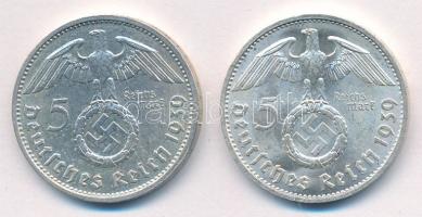 Német Harmadik Birodalom 1939B/D 5M Ag "Hindenburg" (2xklf) különböző verdejelek T:1-,2 
...