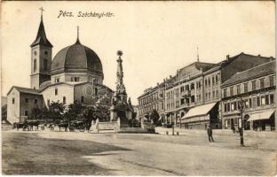 1913 Pécs, Széchenyi tér, Stern Mór utódai, Kohn Lipót és Társa üzlete, szálloda. Karpf Berta kiadása (EK)