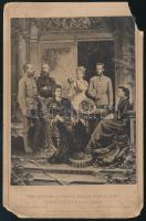 1881 Kaiser und Kaiserin von Österreich, König und Königin der Belgier, Kronprinz Rudolf und Prinzessin Stephanie / Rudolf osztrák-magyar trónörökös és Stefánia belga királyi hercegnő, Ferenc József és Erzsébet (Sisi) társaságában. Keményhátú heliogravűr, kabinetfotó méretben. Verlag von L. Scholtz, Phot. und Druck von Wilhelm Hoffman. Kisebb sarokhiányokkal, sérülésekkel, foltokkal, 16,5x11 cm