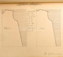 cca 1940 Szabásminta-füzet, kézi rajzokkal, hozzájuk gépelt leírásokkal, nagyalakú egészvászon-kötésben