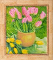Kiss Ilona (?-): Tulipánok. Olaj, farost. Jelzett. Dekoratív fakeretben. 30x26 cm