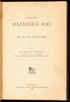 Dr. Raffay Ferenc: A magyar házassági jog. 1894. évi XXXI. törvénycikk. Bp., 1902, Grill Károly, (4)+294 p. Egyetlen kiadás. Átkötött félvászon-kötésben, kissé sérült borítóval, néhány lap szélén kis ázásnyommal.