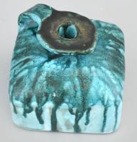 Retró türkiz díszváza, csurgatott mázas kerámia, jelzett, 12x12x10 cm