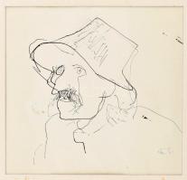 Szász Endre (1926-2003): Kalapos férfi portréja. Tus, papír, jelezve jobbra lent, kissé foltos, paszpartuáltal takart apró lapszéli szakadásokkal, 17x18 cm