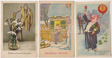 12 db RÉGI motívum képeslap: ünnepi üdvözlőlapok / 12 pre-1945 motive postcards: holiday greeting cards