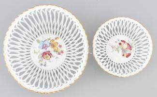 Apulum virágmintás porcelán fonott tálka, 2 db. Matricás, jelzett, minimális kopással, d: 15 cm és 11 cm