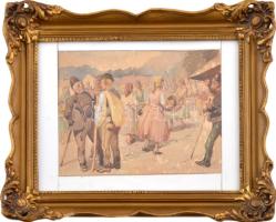 Bernáth Ilma (1891-1961): Vásári jelenet. Akvarell, papír. Üvegezett keretben. 20x24 cm