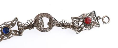 Ezüst (Ag) filigrán, köves karkötő, h: 19 cm, bruttó: 13,3g, jelzett