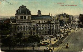1909 Plzen, Pilsen; Theater und Ferdinandstrasse / theatre, street view (EB)