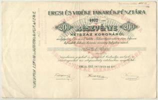 Ercsi 1922. Ercsi és Vidéke Takarékpénztára névre szóló részvénye 200K-ról, 4077 sorszámmal, szárazpecséttel, bélyegzéssel T:II-,III