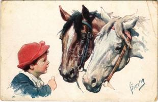 Children art postcard, boy with horses. B.K.W.I. 192/5. s: K. Feiertag (EB)