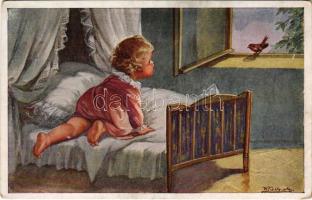1932 Children art postcard with bird. M. M. Nr. 1342. s: W. Fialkowska (EK)
