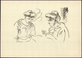 Vaszary János (1867-1939): Két dáma. Ofszet, papír, jelzés nélkül. 30x42 cm