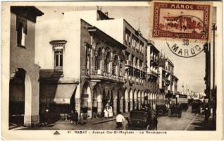 1938 Rabat, Avenue Dar-El-Maghzen, La Renaissance / street view, hotel, automobiles (EB)