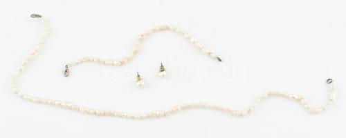 Tenyésztett gyöngy ékszergarnitúra (nyaklánc, karkötő, fülbevalópár), h: 17 cm és 40 cm
