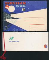 cca 1950-70 2 db Tungsram tétel: Tungsram Duolux reklámlap, 10,5x15 cm + és újévi üdvözlő kártya, 6,5x16 cm