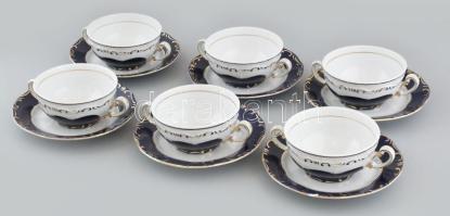 6 db Zsolnay Pompadour mintás leveses csésze, 6 db előételes tányérral. Jelzett, kopásnyomokkal, egyik tányéron lepattanás. d: 12,5-19 cm