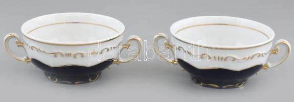 6 db Zsolnay Pompadour mintás leveses csésze, 6 db előételes tányérral. Jelzett, kopásnyomokkal, egy...