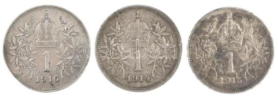 Ausztria 1914-1916. 1K Ag "Ferenc József" (3xklf) T:2,2- patina Austria 1914-1916. Corona Ag "Franz Joseph" (3xdiff) C:XF,VF patina Krause KM# 2820