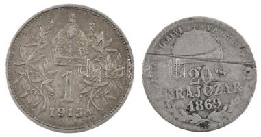 Vegyes: 1869KB 20kr Ag Magyar Királyi Váltó Pénz + Ausztria 1915. 1K Ag Ferenc József T3 karc, 2 patina Adamo M11.1, KM#2820