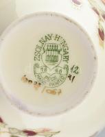 Zsolnay virág- és pillangómintás kis váza, 2 db. Kézzel festett, jelzett, minimális kopással, m: 14 ...