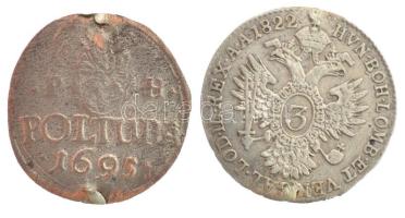 1695P-H Poltura Ag I. Lipót (0,81g) + Ausztria 1822A 3kr Ag I. Ferenc (1,64g) T:3 forrasztásnyom Hungary 1695P-H Poltura Ag Leopold I (0,81g) + Austria 1822A 3 Kreuzer Ag Franz I (1,64g) C:F solder mark