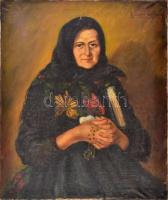 Mészáros Anna (1904-1998): Népviseletes asszony rózsafüzérrel. Olaj, vászon. Jelzett. 60x50 cm