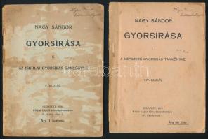 Nagy Sándor Gyorsírása I-II. köt. Bp., 1912-1909, Kókai Lajos. Kiadói papírkötések, az I. kötet borítója szakadt, foltosak.
