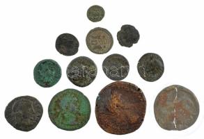 Római Birodalom 12db-os, főleg gyengébb állapotú római érméből álló tétel, közte hamisak is, egyik érme kettétörve T:2-3 Roman Empire 12pcs, mostly Roman coins in weaker condition, fakes between them, one coin broken in two C:XF-F