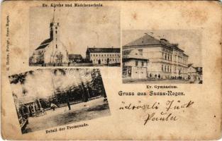 1907 Szászrégen, Reghin; Evangélikus templom, leány iskola és gimnázium, sétány. G. Heiter / church, schools, promenade (fl)