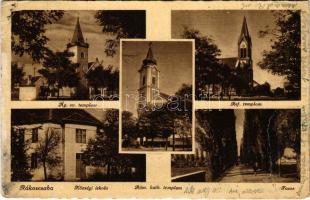 1943 Budapest XVII. Rákoscsaba, Ágostai evangélikus, római katolikus és református templom, községi iskola, fasor (EB)