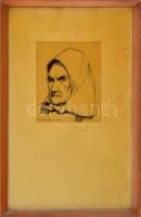 Kollár György (1950-1992): Fejkendős asszony arcképe, 1968. Tus, papír. Üvegezett fakeretben, kissé repedt üveggel. 16,5×15 cm