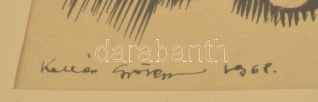 Kollár György (1950-1992): Fejkendős asszony arcképe, 1968. Tus, papír. Üvegezett fakeretben, kissé ...