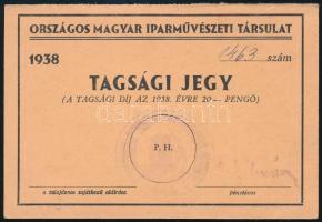 1938 Az Országos Magyar Iparművészeti Társulat tagsági jegye, 3 db belépőjeggyel