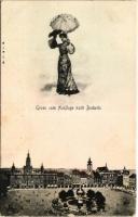Ceské Budejovice, Budweis; Gruss vom Ausfluge nach Budweis / main square, market. Montage with lady flying with an umbrella (fl)