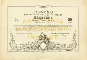 Budapest 1941. Pannónia Magyar Viszontbiztosító Intézet névre szóló részvénye 50P-ről, szárazpecséttel, szelvényekkel, vízjeles papíron T:I-,II egyik saroknál, széleken gyűrődés