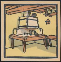 Kós Károly (1883-1977): Román havasi móc-ház régi tűzhelye. Linómetszet, papír, jelzés nélkül, körbevágott, 11x11 cm